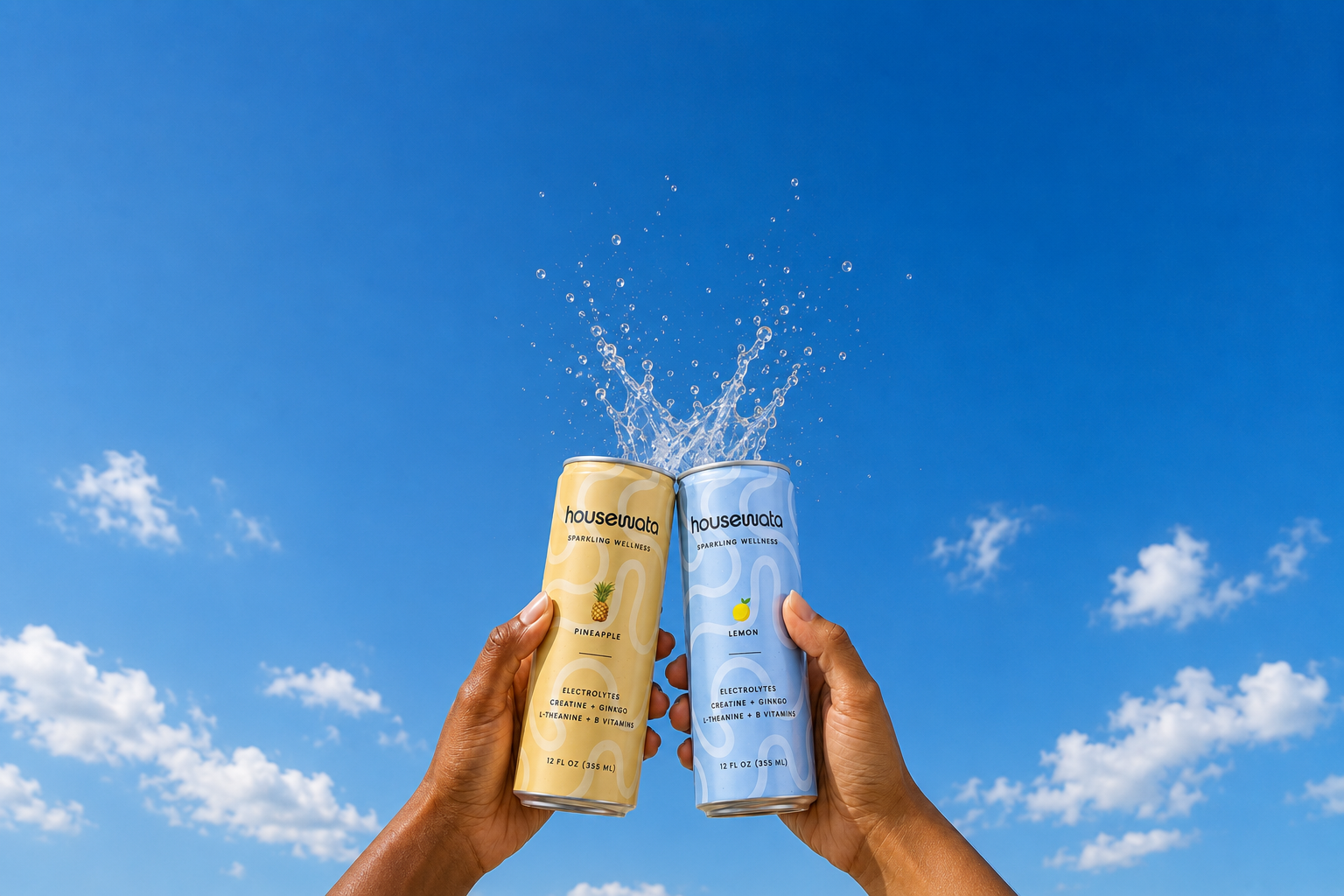 Two HouseWata cans held in a celebratory cheers against a blue sky